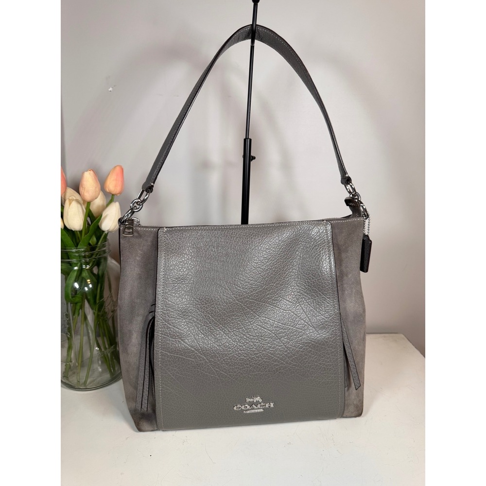 Coach Marlon Hobo Bag Grey Pebbled Leather Suede Shoulder Bag F79995